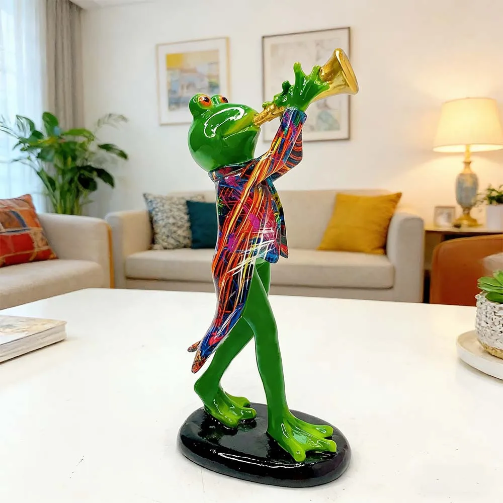 1 Stück Buntes Trompetenspielendes Frosch-Statuen-Set, Lebendige Musiker-Dekoration aus Kunstharz, Einzigartiges Geschenk für Frosch- und Jazz-Liebhaber