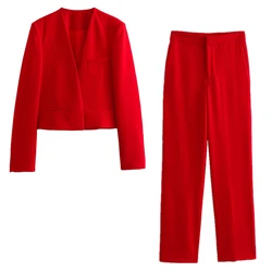 Traje rojo elegante de moda francesa para mujer, Blazer Retro de cintura alta, pantalones de pierna recta, traje de fiesta para mujer
