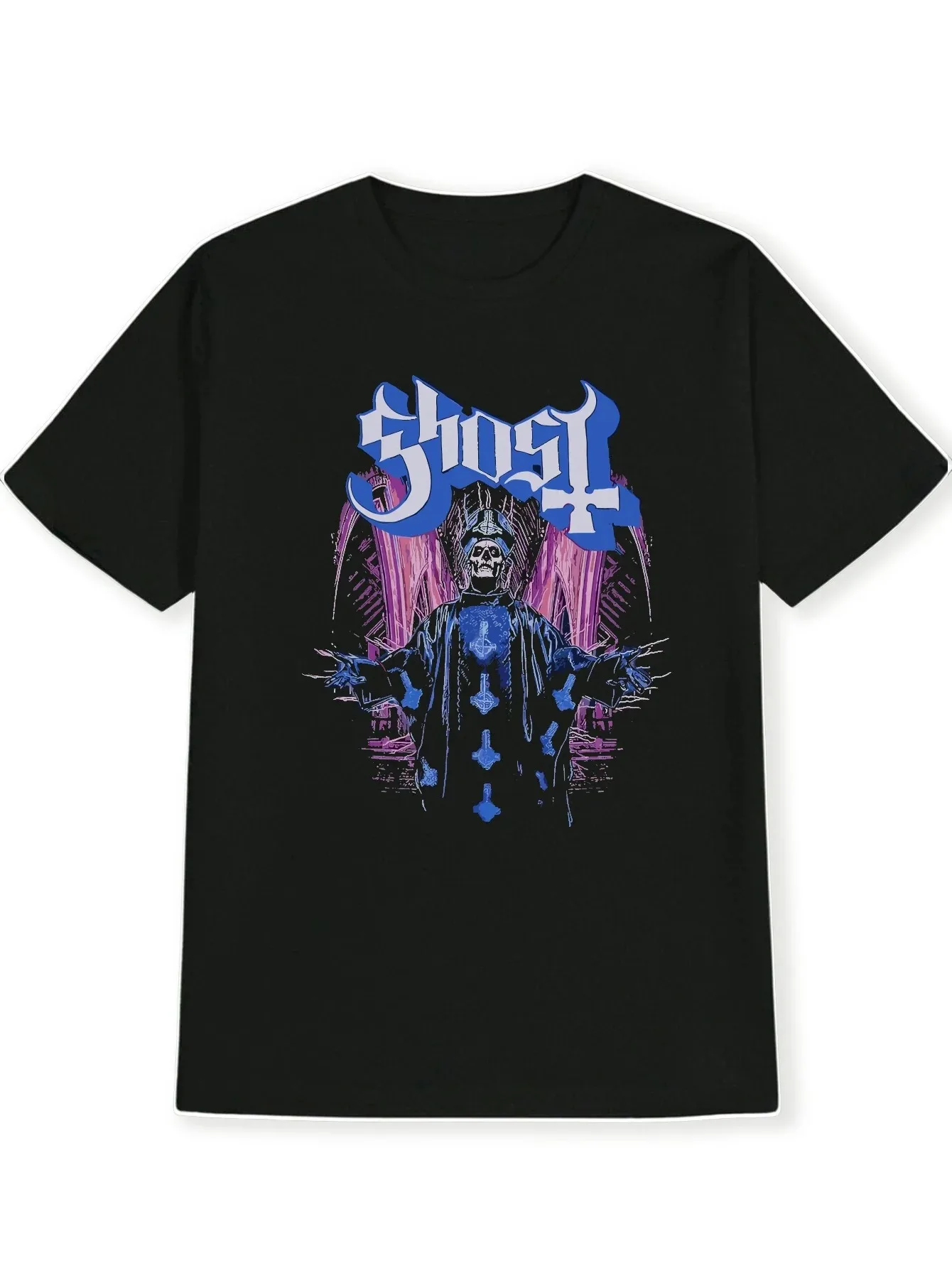 

Men's and women's black ghost skull pattern T-shirt casual summer short-sleeved tee blue and purple design round neckcasual wear