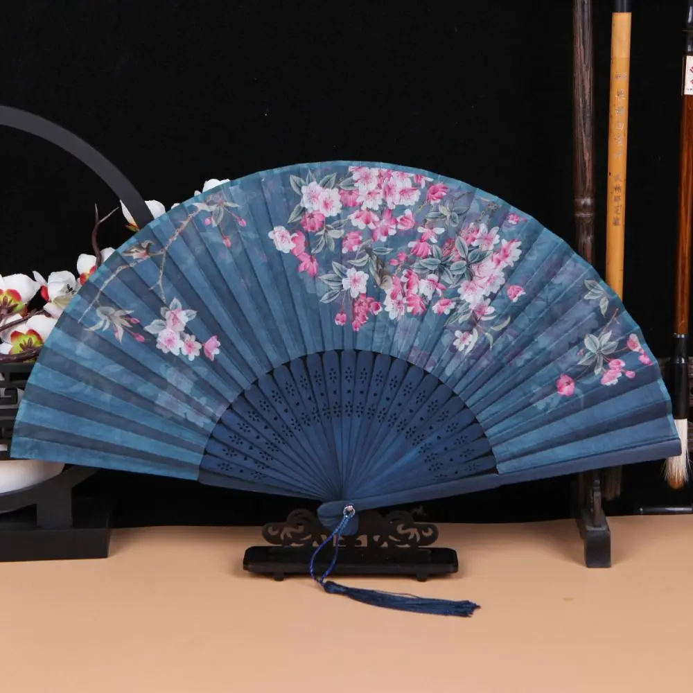 Creative No Deformation Folding Fan Handmade Bamboo Handle Props Fan Silk Fabric Ancient Style Wedding