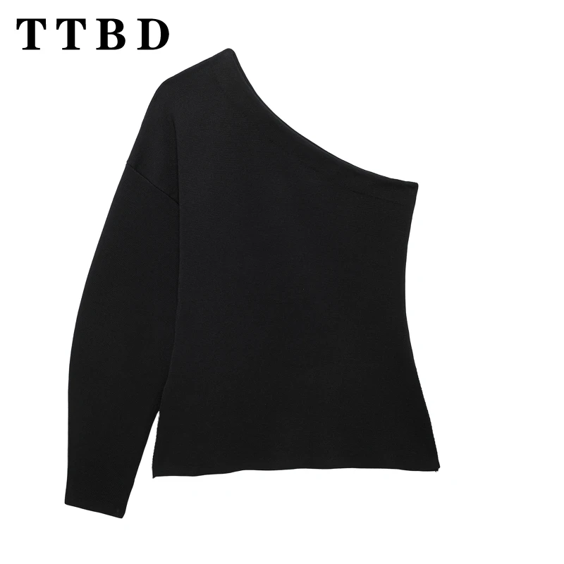 TTBD 2024 Winter New Female Chic Long Sleeve Knitted Pullover Sweater Casual Autumn Woman Shoulder Crop Top Jumper asymetryczny