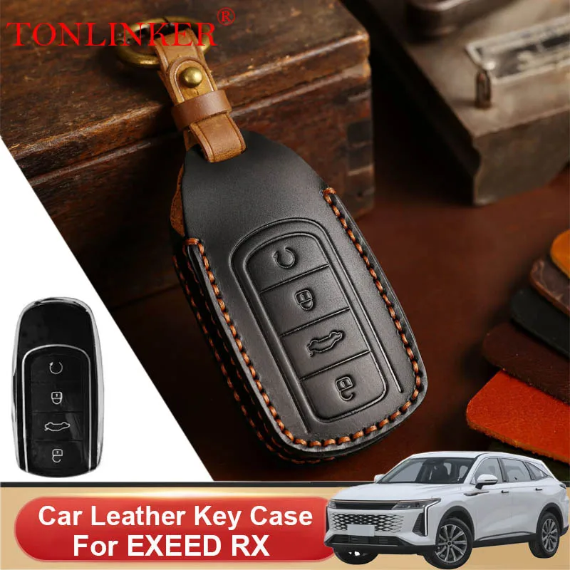 TONLINKER Car Dedicated Leather Key Case For Chery EXEED RX Suv 2023-Present Holder Shell Remote Keychain Accessories