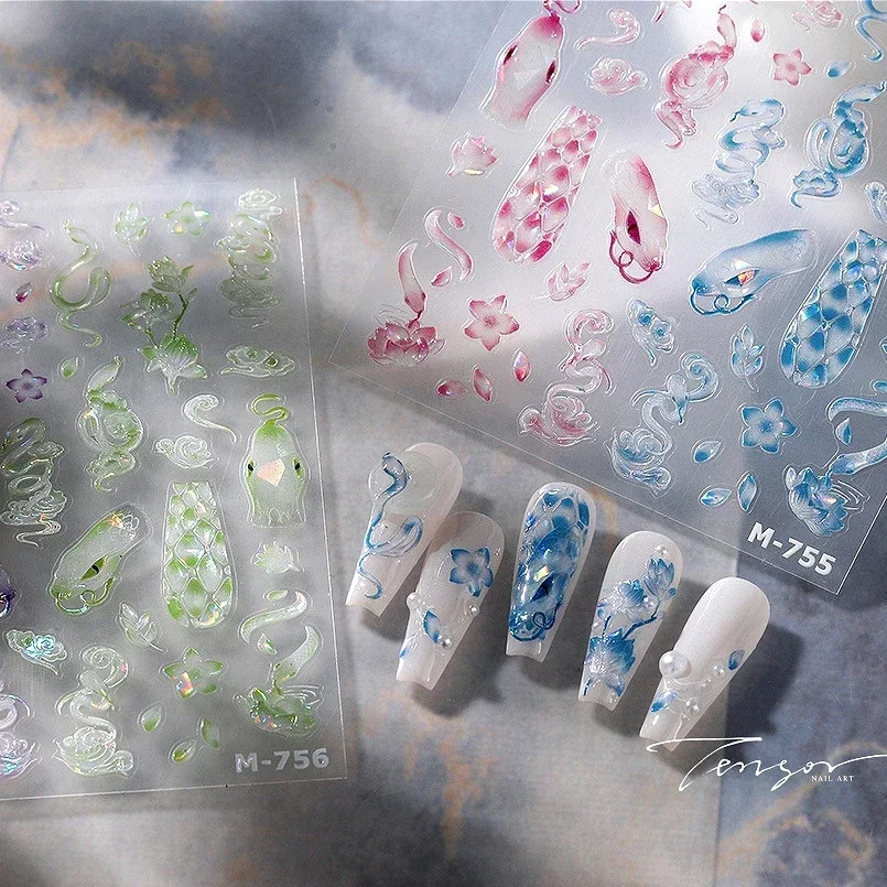Snake Cartoon Animal Pink Blue 5D Nail Art Stickers Lotus Flower Cross Eyes Star Moon Love Heart Self Adhesive Manicure Decals