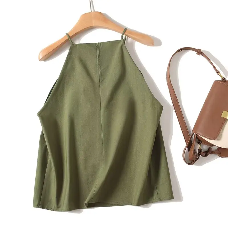 เจนนี่&เดฟ 2026 เสื้อผ้าลินินสีเขียวสไตล์มินิมอลแบบฝรั่งเศส ชุดสูทลำลอง เสื้อแขนกุดคอ halter กางเกงขายาวทรงหลวม ชุดสองชิ้น