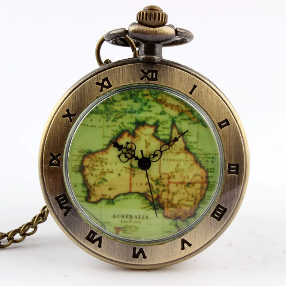 Classic Retro Bronze World Map Quartz Pocket Watch with Necklace Chain Exquisite Pendant Gift Men's Clock Gift 2025