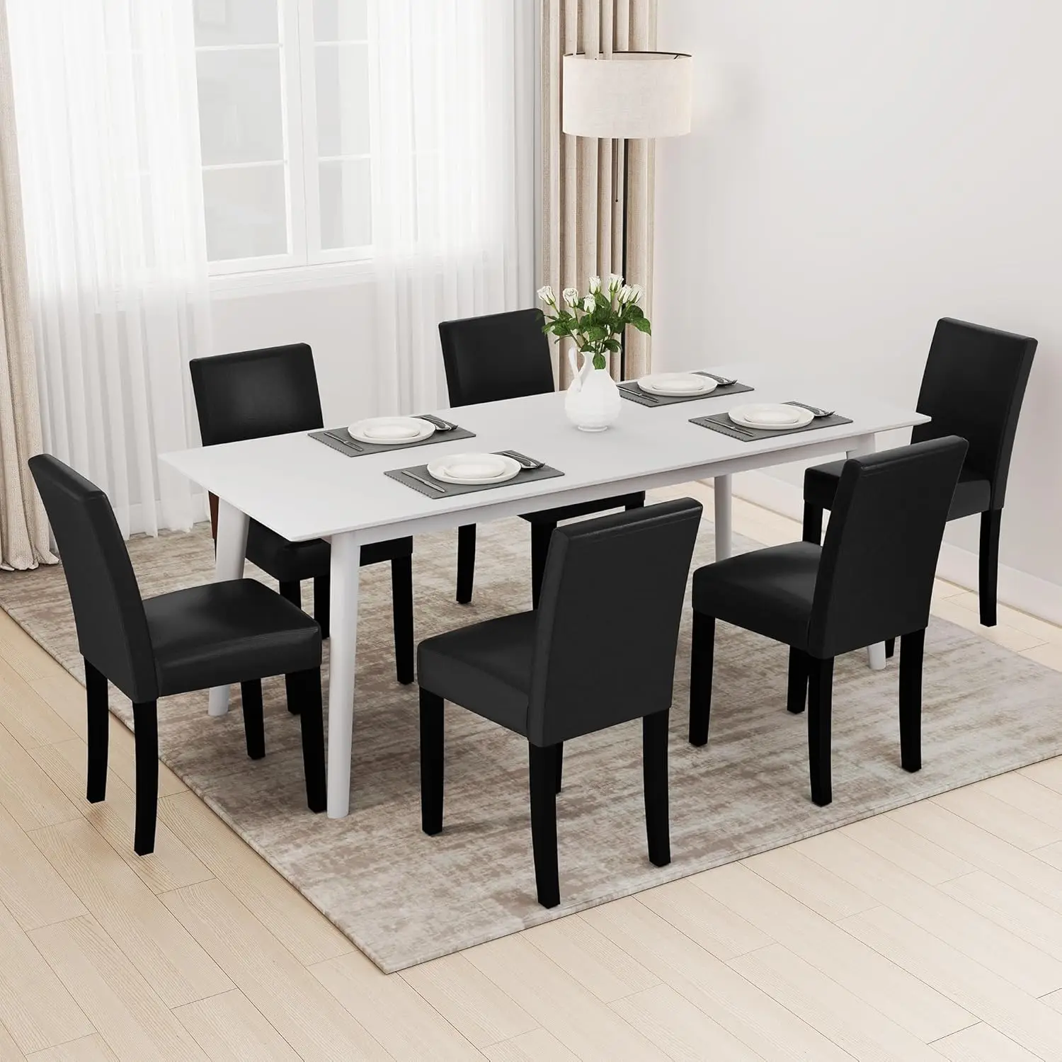 Dining Room Chairs, PU Leather & Solid Wood, Black, Water-Resistant High Back Design Set of 6