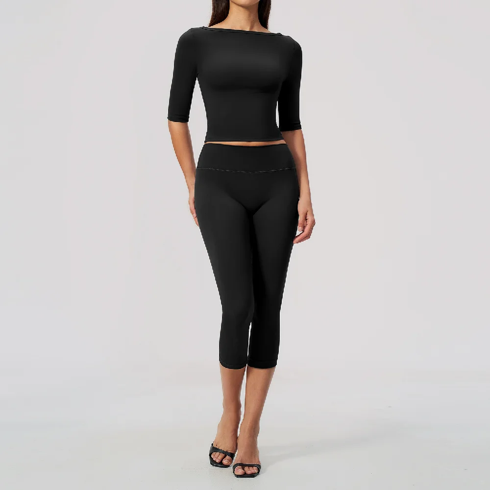 Gym Set Fitness Suit Sportswear Women Tracksuit Yoga Outfit Clothing One Shoulder Yoga Mid Sleeve 2 Piece Workout Capri Leggings
