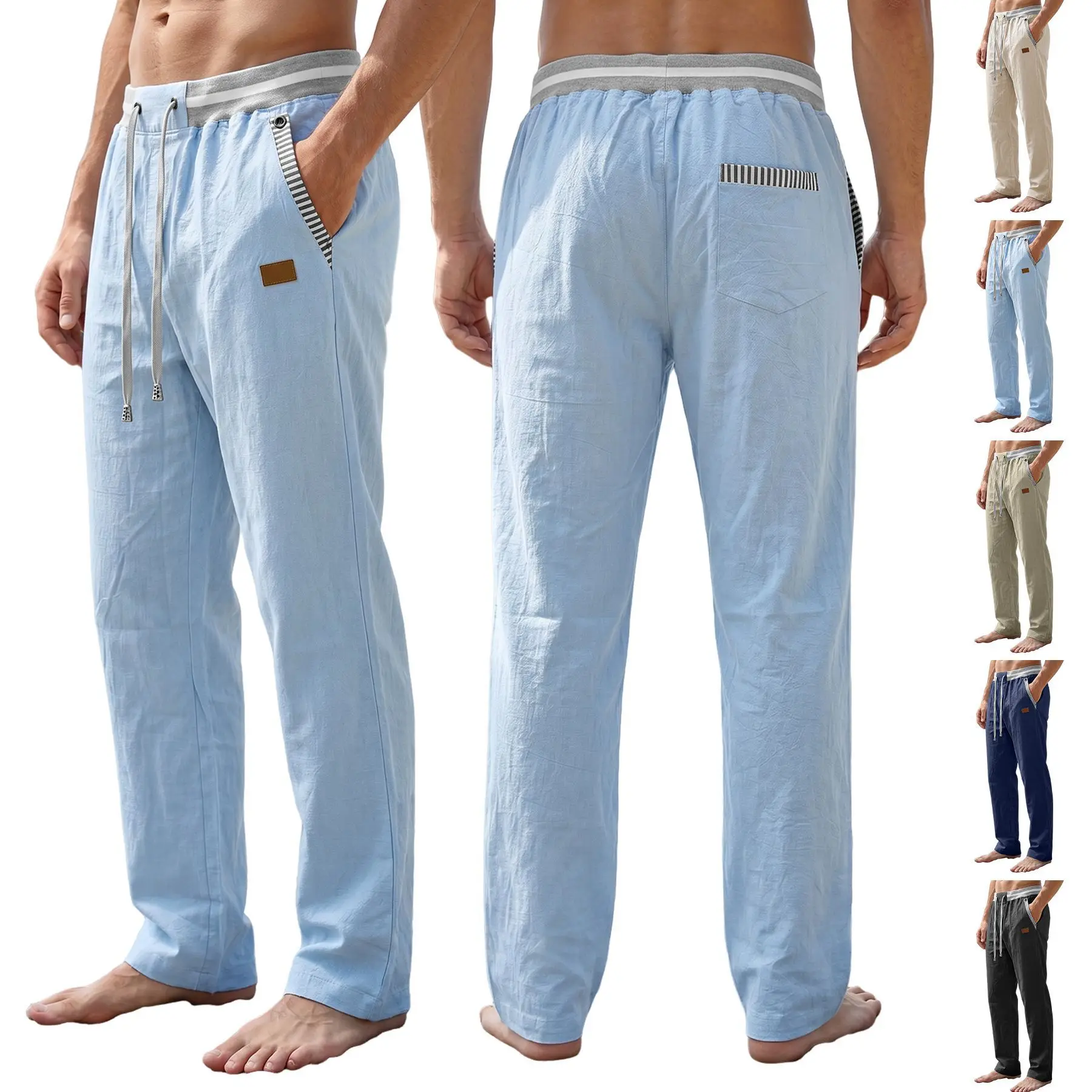Herren-Freizeithose mit gerader Passform, elastischem Kordelzug in der Taille und gestreiftem Saum, atmungsaktive, übergroße lange Hose im Strandstil