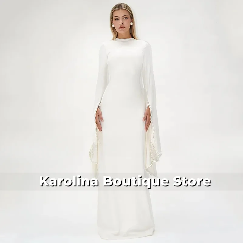 Robe de soirée modeste perles col rond manches longues une ligne robes de soirée modernes pour les femmes longueur de plancher robes d'invité de mariage ivoire