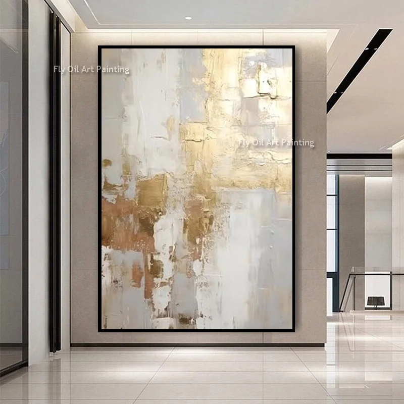 White Gold Foil Abstract Brush Stroke Canvas Art Hand Painted Impasto Oil Painting Luxury Entryway Wall Decor