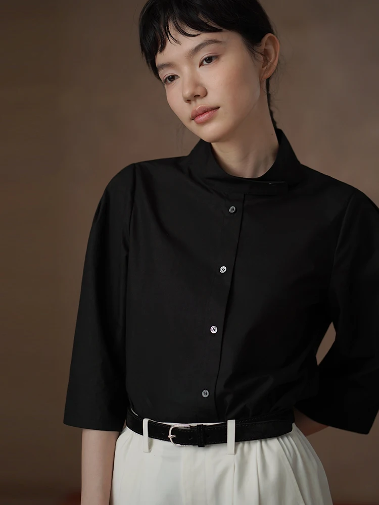

Slimming Effect Hacikis Miss Shirt Half Sleeve Stand Collar Cotton Commute Style Women's Fashion Casual Shirt
