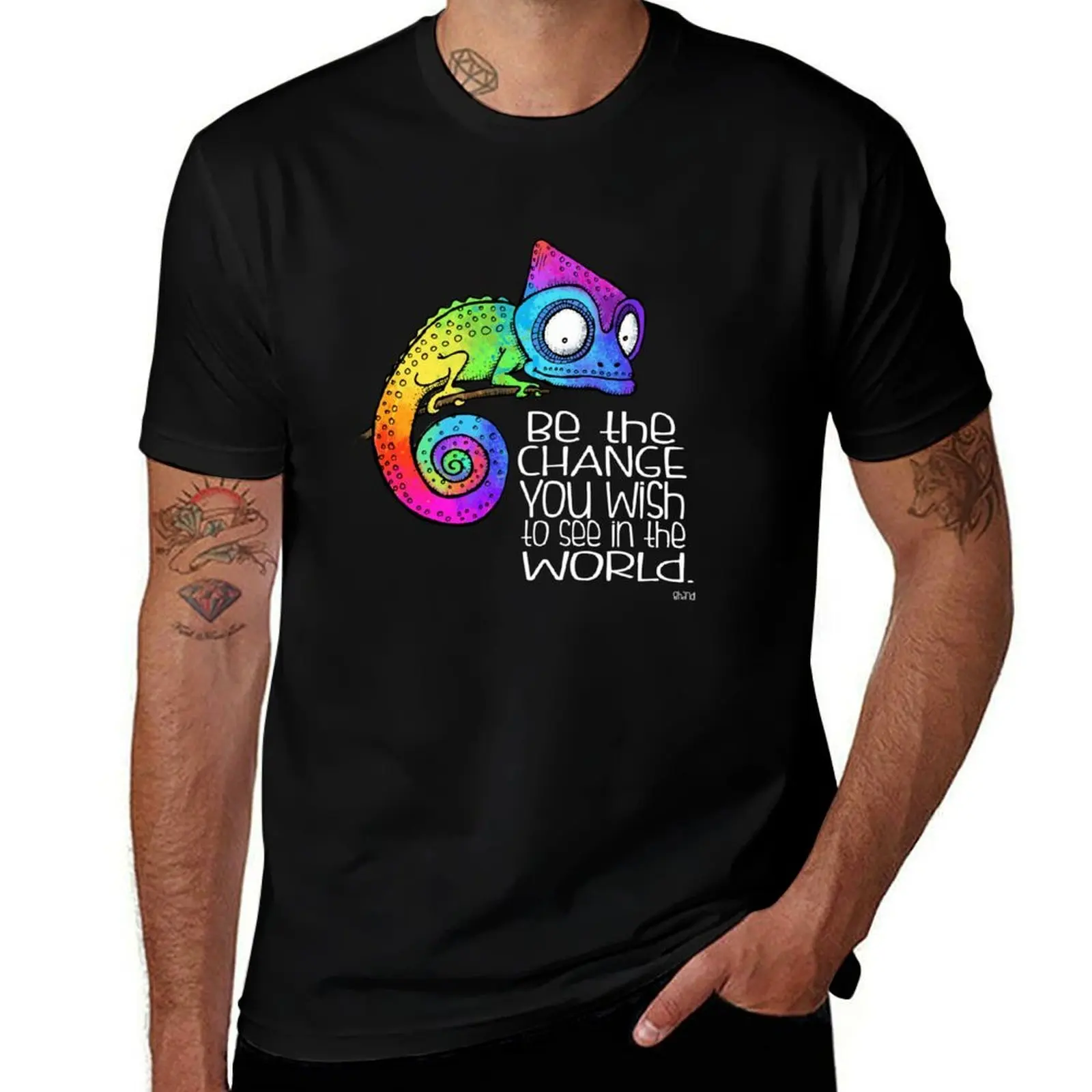 Be the Change - Ghandi Quote - Rainbow Chameleon - white text T-Shirt Big and Tall Crew Neck Tee T-Shirt