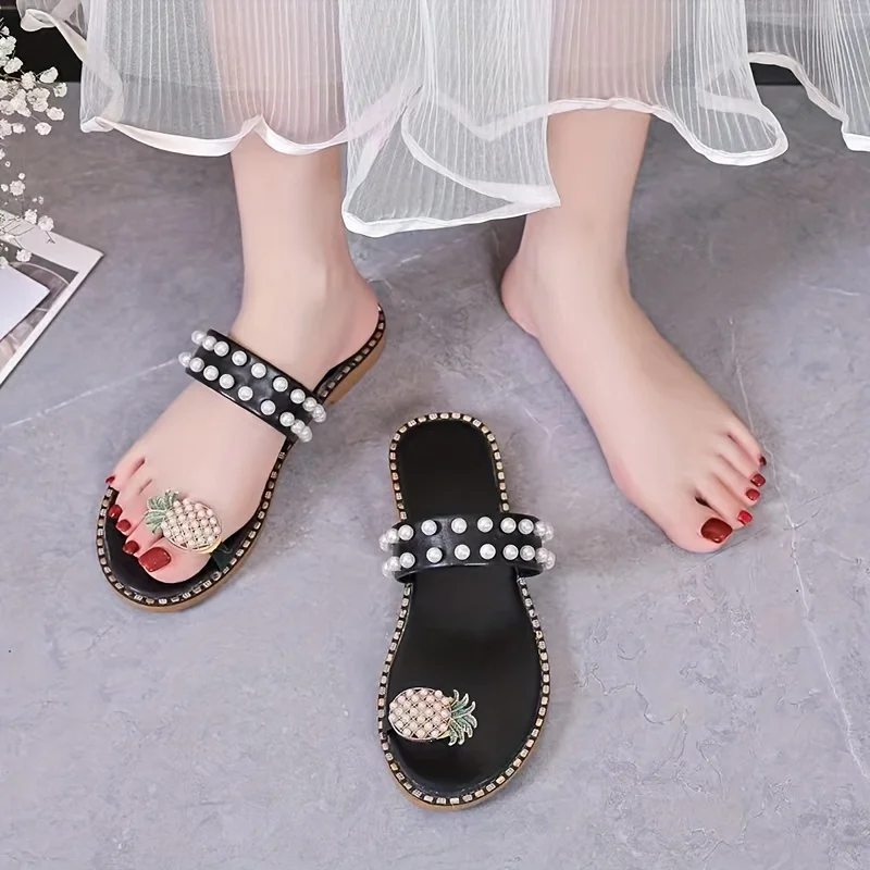 Women's Faux Pearl Pineapple Decor Slide Sandals Trendy Loop Toe Beach Shoes Lightweight Slide Sandals