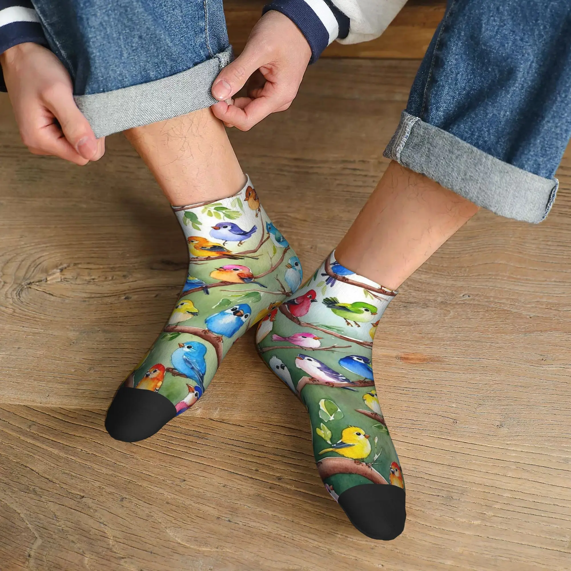 All Seasons Bird And Floral Pretty Birdie Flight Socks Harajuku Sweat Absorbing Sport Middle Tube Socks Soft Fashion Stockings