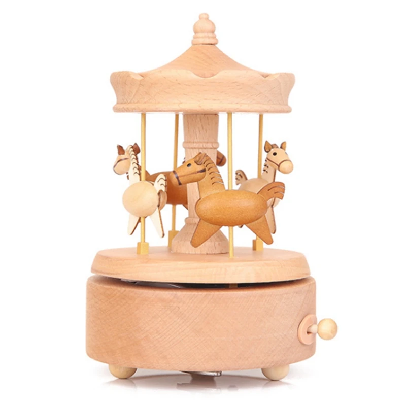 

Carousel Music Box, Natural Beech Wood 4-Horse Carousel Clockwork Musical Box For Kids Girls Friends Birthday