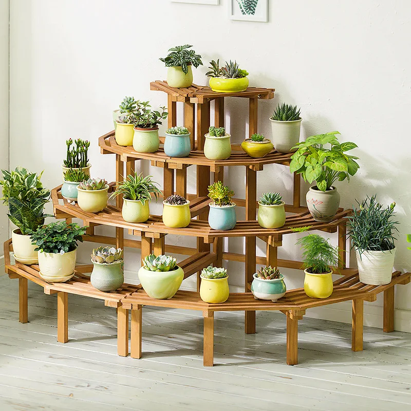 

Solid wood corner flower rack succulent multi-layer indoor space saving floor-to-ceiling balcony wooden plant flower pot rack