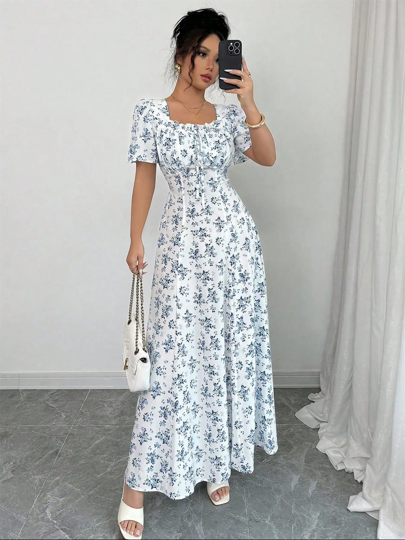 

Floral Print Square Neck Puff Sleeve Waist-Cinched Maxi Dress for Women