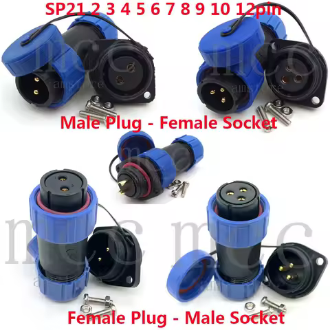 SP21 Waterproof Bulkhead connector IP67 flange 2、3、4、5、6、7、8、9、12 Pin Aviation power cable connector plug and socket