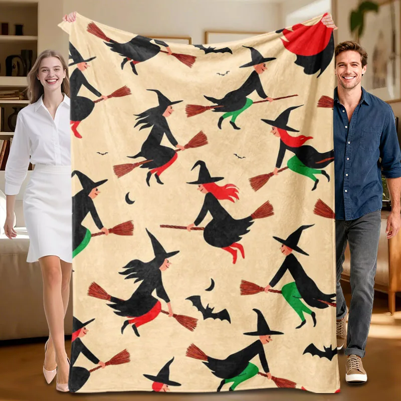 

1 piece Halloween witch-themed beige flannel blanket, soft, suitable for sofa, bed, office, all-season use.