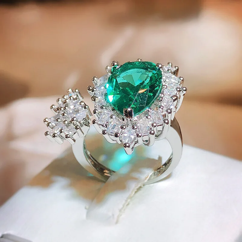 

High quality fancy coloured tourmaline emerald ring teardrop pear shaped horse eye shaped ring women's party birthday jewellery