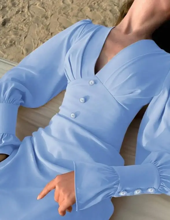 

Women Dresses 2026 Spring Autum New Solid Color Deep V-Neck Buckle Decoration Waist Cinched Lantern Sleeves Elegant A-Line Dress