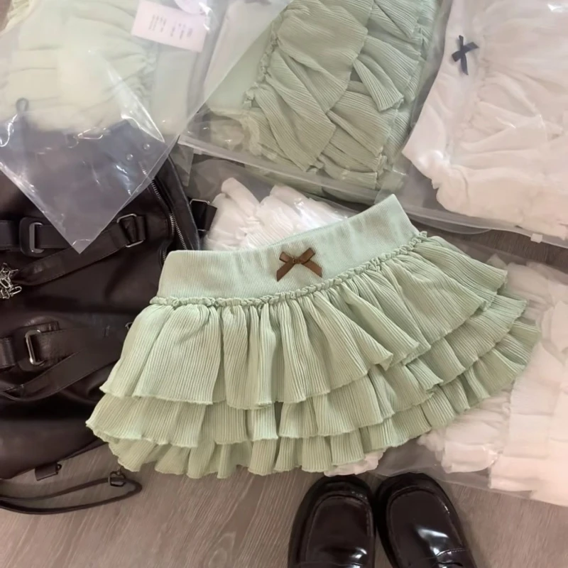 Japanese Kawaii Lolita Style Mini Skirt Women Sweet Cute Bow Ruffles Mesh Skirts Y2k High Waist Cake Skirts Faldas Mujer De Moda