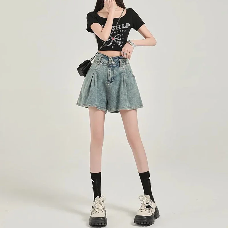 Summer Female Designer Thin Jeans Girls Chic High Waisted Short Pants Lady Korean Baggy A-line Denim Pants