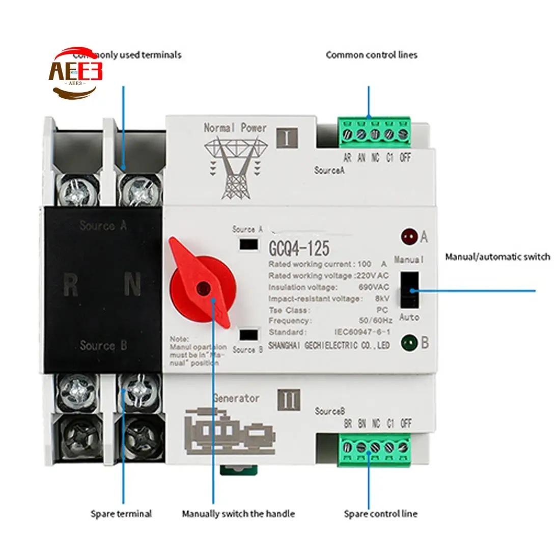 AEE3-Single Phase Din Rail ATS 220V PC Dual Power Automatic Transfer Switch 2P Household Power Transfer Switch 50/60Hz