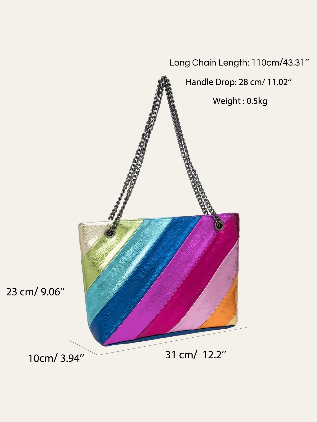 CEZIRA Metallic PU Leather Shoulder Bag Women Colorful Rainbow Stripes Patchwork Tote Large Capacity Chain Cross Body Handbags