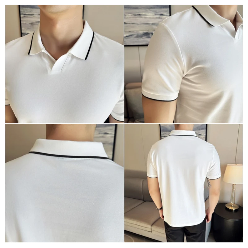 Business Casual Solid Color Men\'s Polo Shirt, 2024 Summer Classic, Men Short Sleeve V-neck T-shirt, Slim Fit Spliced Polo 4XL-M