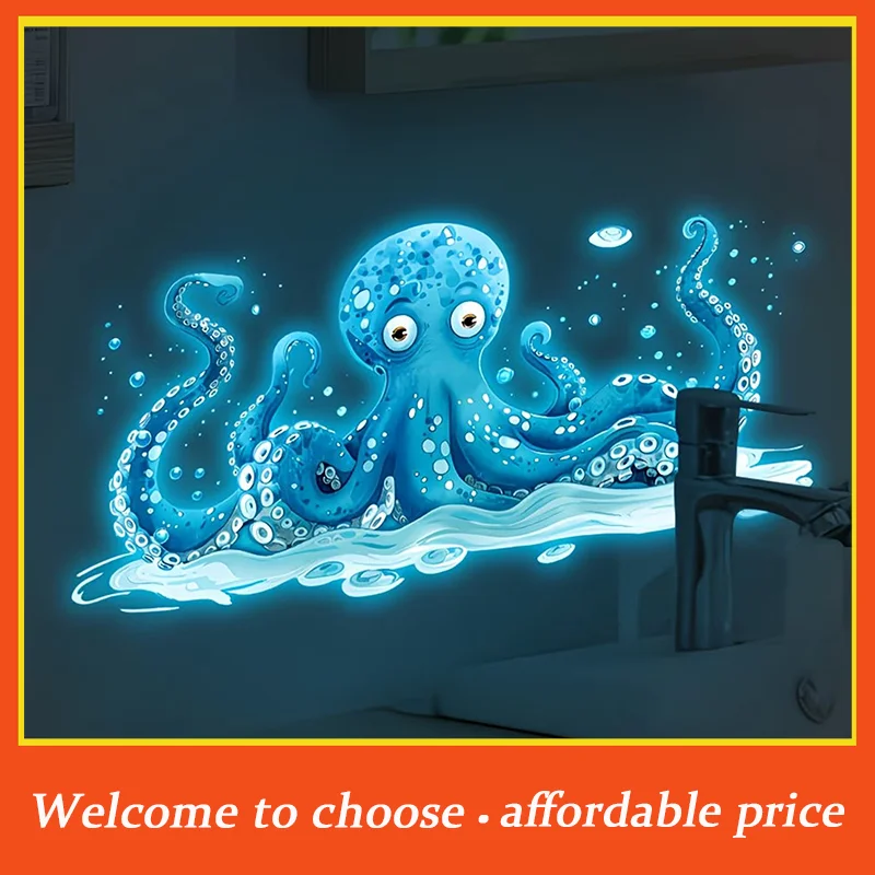 {}Glow-in-the-Dark Blue Octopus Sticker For Bathroom And Kitchen Sinks Self-Adhesive Removable Wall Sticker Waterproof