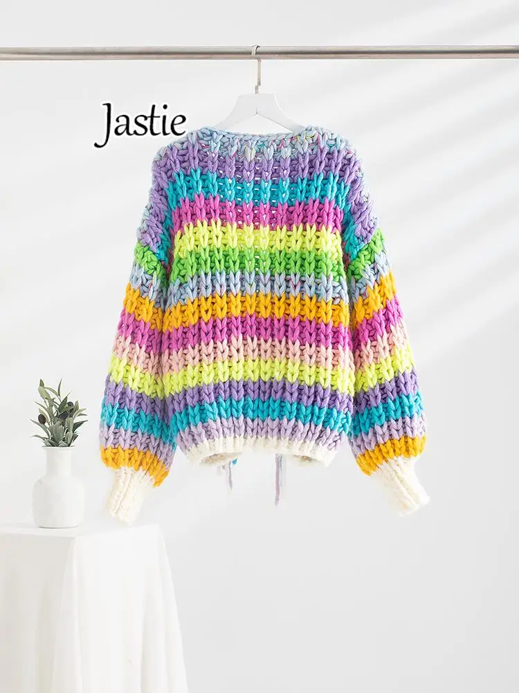 Jastie arcobaleno manica lunga nappa maglione sciolto per le donne 2024 autunno inverno Boho Cardigan lavorato a maglia cappotto maglione femminile