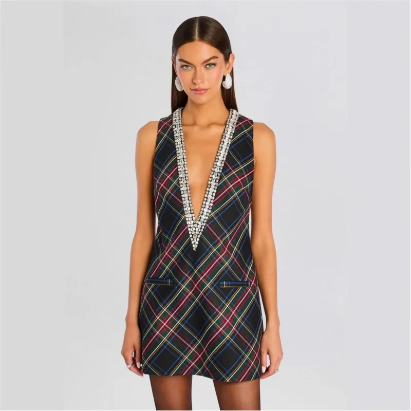 Sleeveless Dress With Deep V-neck 2026 Spring And Summer New Diamond Multi-color Casual Pocket Decoration Holiday Party Dress