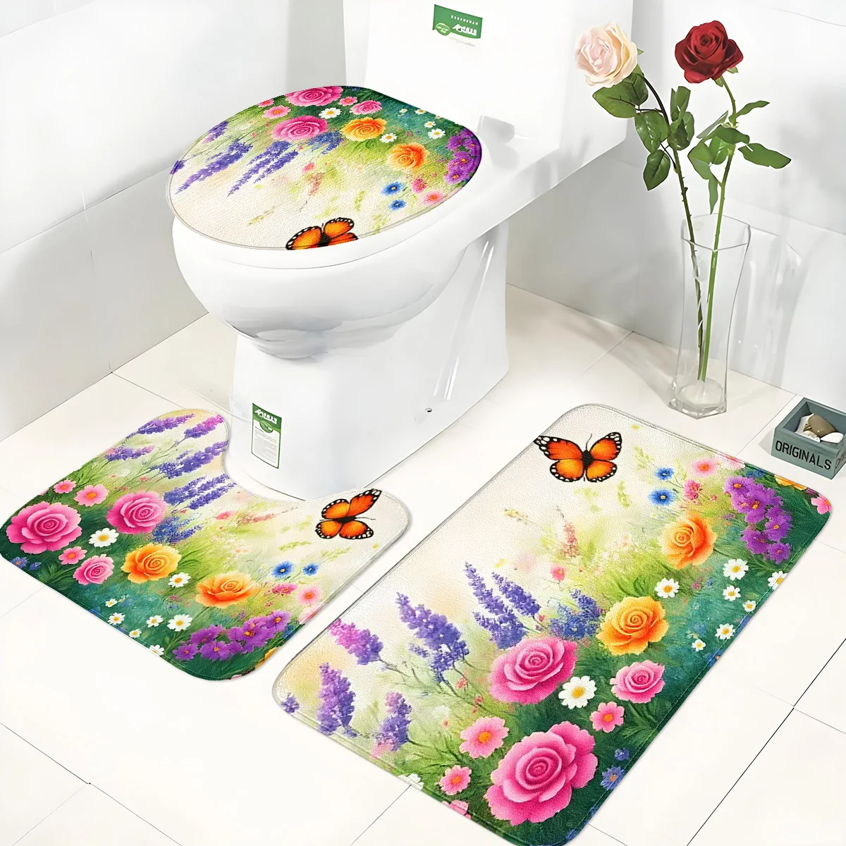 Lavender Butterfly Bathroom Three-Piece Set Flannel Toilet Mat + Floor Mat + U-Shaped Foot Mat Non-Slip, Water-Absorbent, Washable, Romantic Pastoral Style Bathroom Decoration Set
