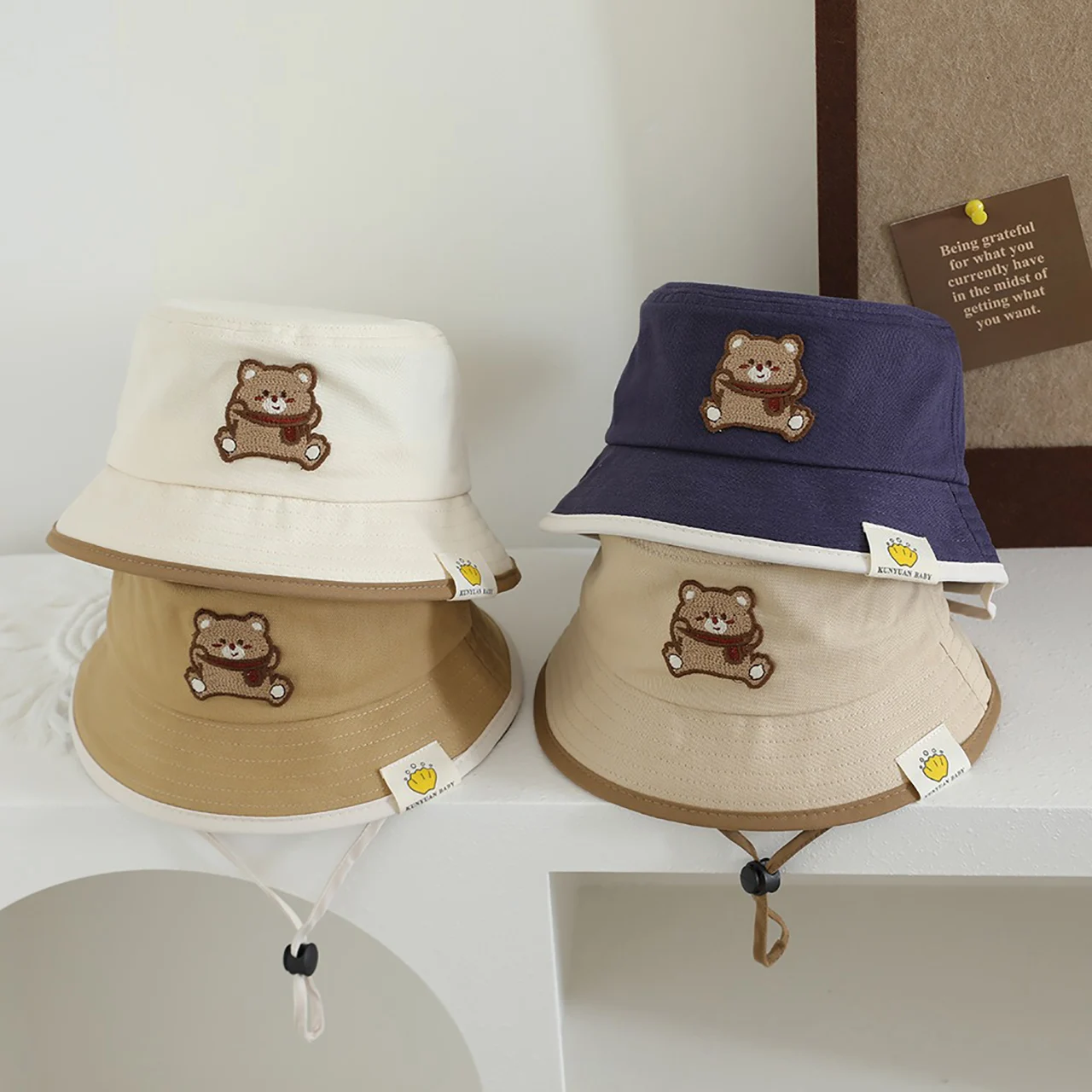 

Cartoon Bear Baby Bucket Hat Cute Solid Color Fisherman Cap Kids Summer Wide Brim Basin Hats Toddler Sun Hats
