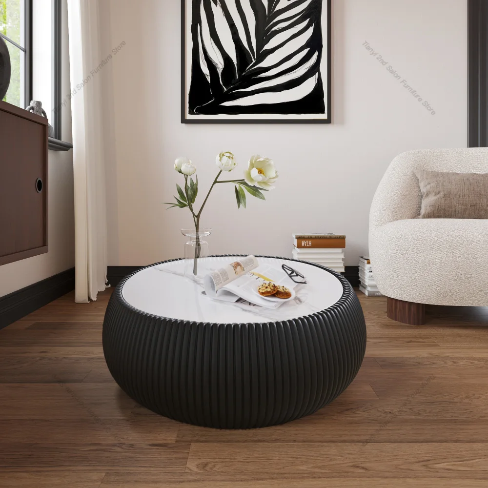 Light Sintered stone Top Drum Shape Leather Coffee modern Sofa Table for Living Room (Each tabletop has a unique grey pattern)