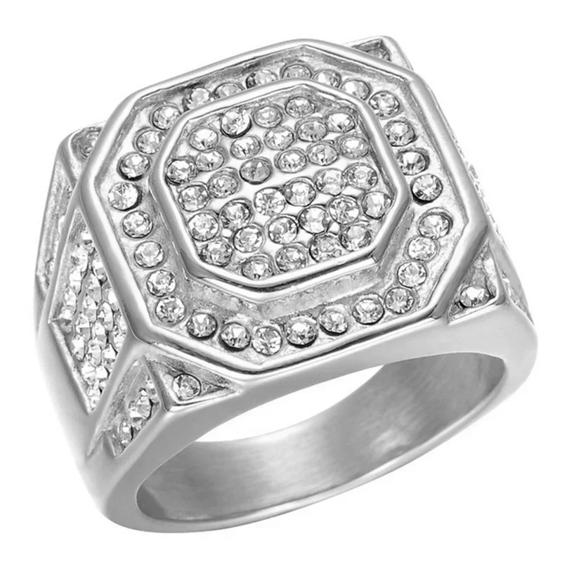 Ofertas Hip Hop Style Trendy Men Rings Copper Ring Iced Out Bling Pave Cubic Zirconia Geometry Ring Charms