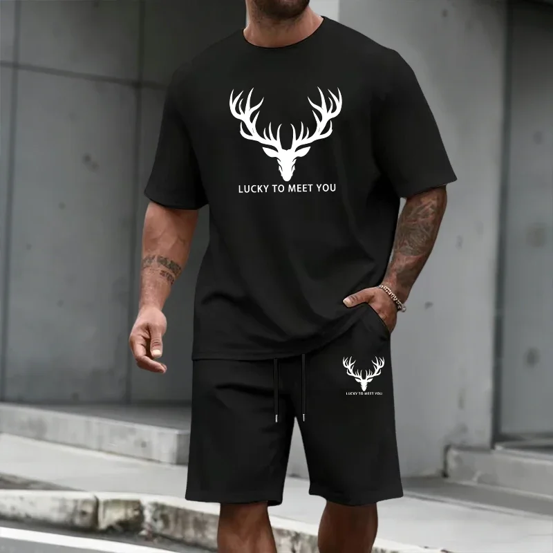 

Urban Casual Fashion Short Sleeve Outfit Lucky to Meet You 2026 Hot Sale Men's Tracksuit Summer O-neck T-shirt and Sports Shorts