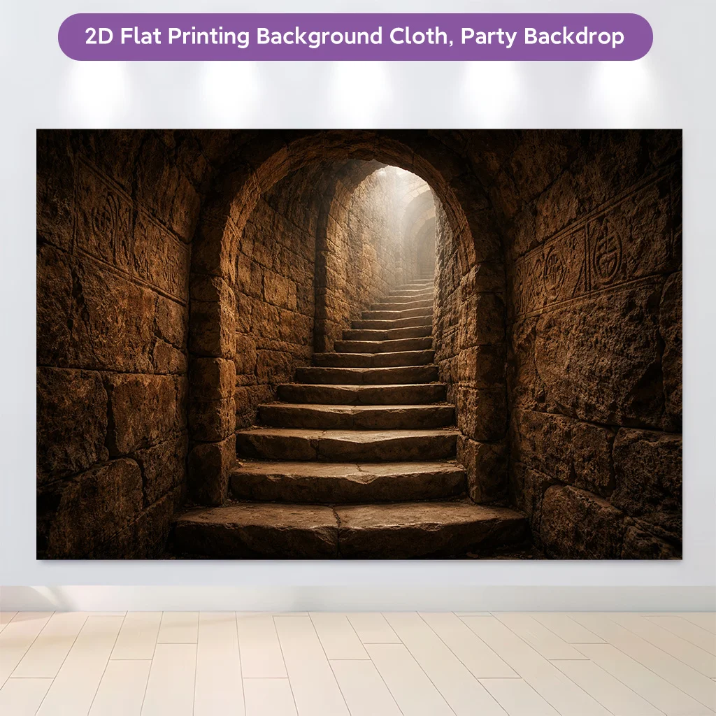 Rustic Stone Tunnel Archway Tapestry Wall Hanging Backdrop Ancient Dungeon Passage Stairs Decor for Medieval Gothic Style Party