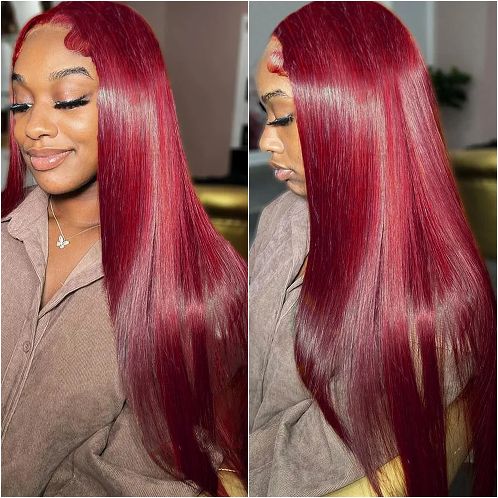 

99j Burgundy Lace Front Human Hair Wig 28 36 Inch 13x6 Straight Lace Frontal Wigs HD Transparent Lace Colored Red Wigs for Women