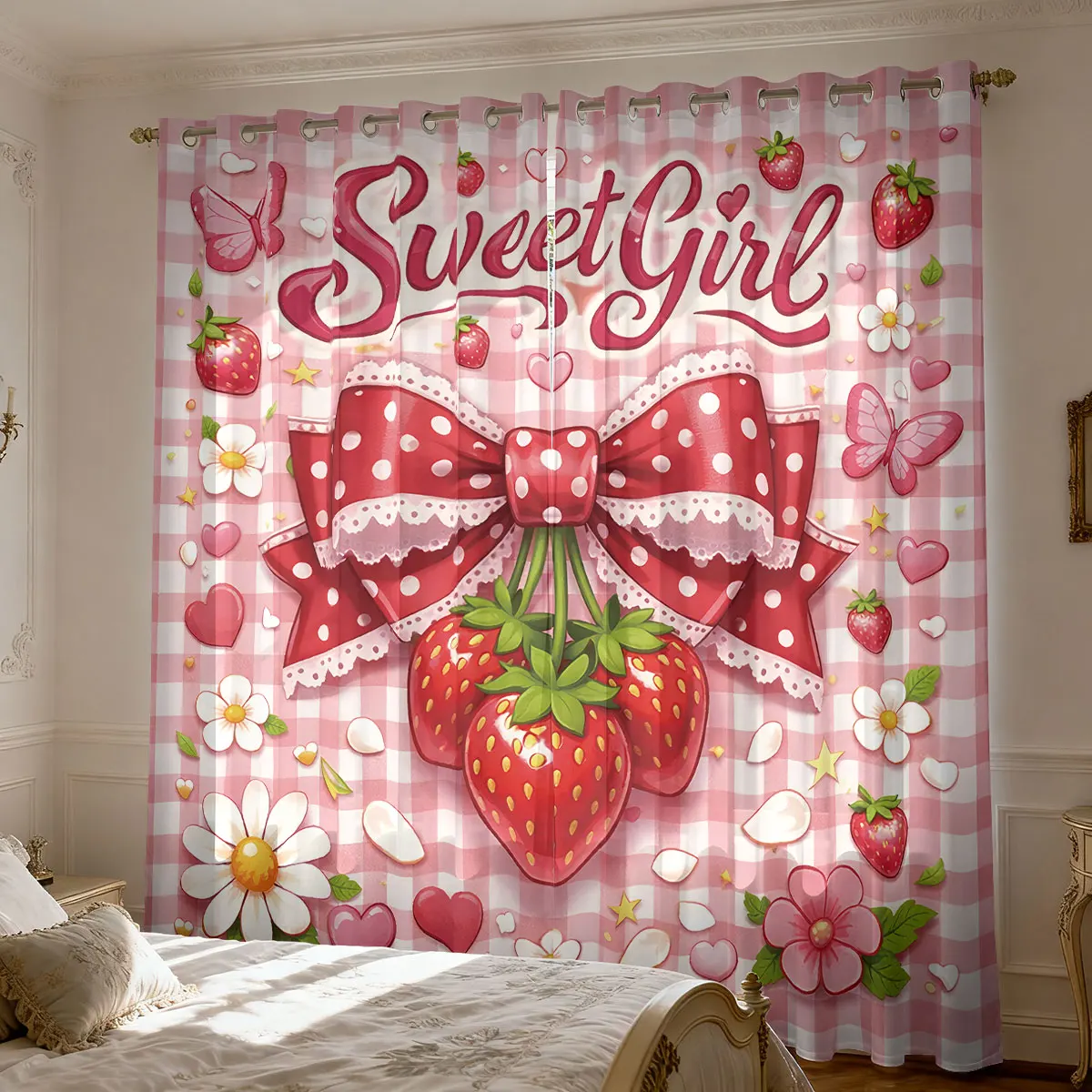 2pcs Pink Strawberry Printed Curtains 90gsm Bedroom Living Room Filter Curtains Multiple Sizes Home Decoration Easy Installation