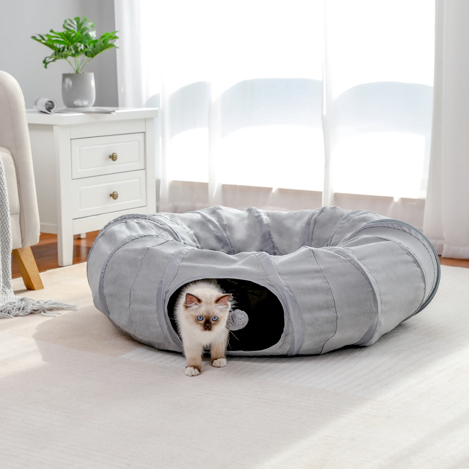 Gray Cat Toy Foldable Crossing Tunnel Long Nest Cat Bed Environmentally Educational Pet Toy Round Suede Breathable Cat Bed