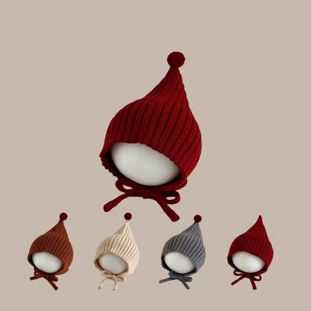 0-24M Baby Beanie Newborn Elf Hat Spring Autumn Knitted Windproof Warm Earflap Cap With Pom Pom