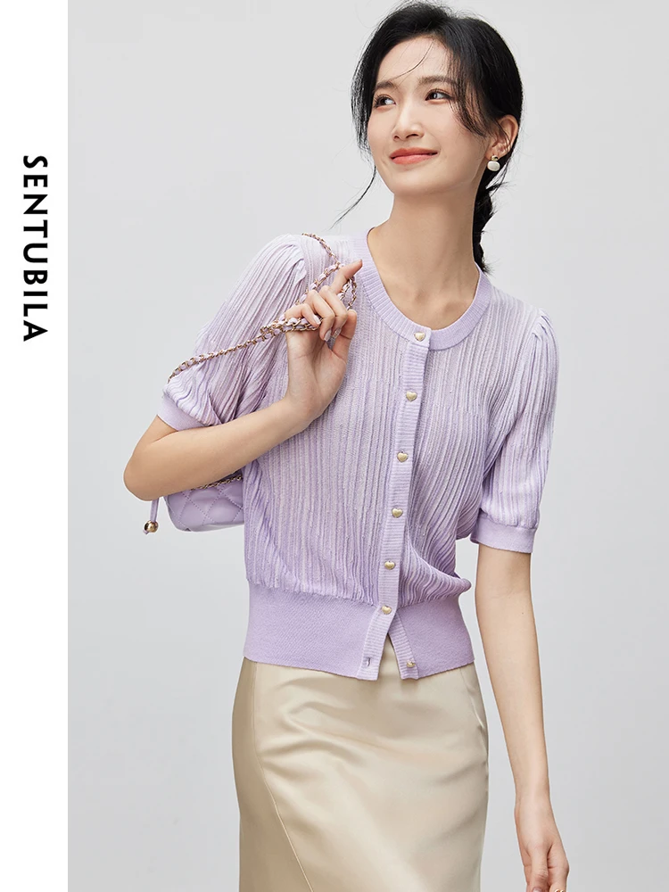 SENTUBILA Purple Hollow Out Knitted Cardigan 2024 Summer Comfort Round Neck Soft Short Sleeve Knit Tops for Women W42H55058