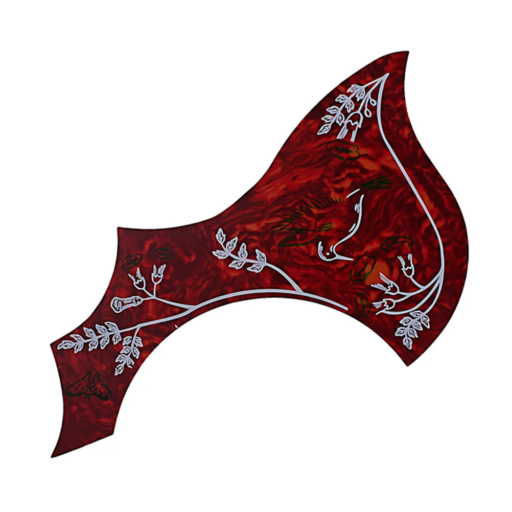 Flower and Bird Pattern Wing Shaped Guitar Pickguard Self-adhesive Pick Guard Sticker for Acoustic Guitar (Dark Red)