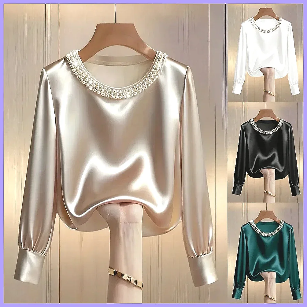 Elegant Beaded Satin Blouse for Women, Loose Fit Long Sleeve Silk Shirt Tops
