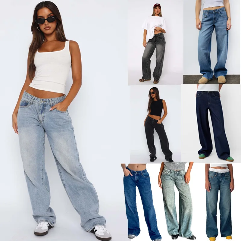 

Women's New Spring and Autumn American Jeans Women's Simple Mid-Waist Non-stretch Straight Pants Large Size Casual Denim Pants