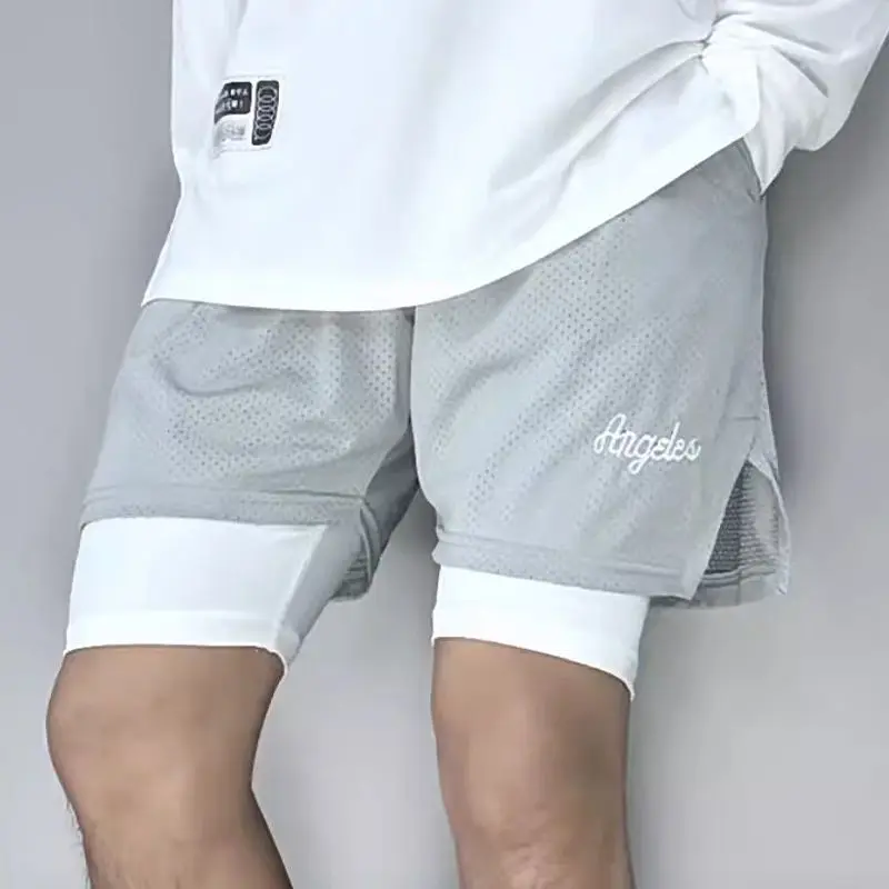 

Мужские спортивные шорты большого размера для баскетбола и фитнеса, повседневные, для бега, длиной до колена, имитация двухслойных шорт (четыре части)