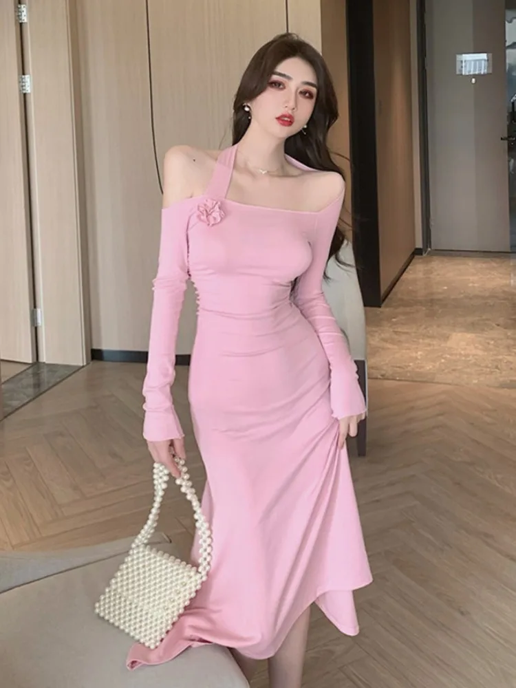 

Sexy Pure Desire oulder Bared Pink Dr High Waist Loose Slimming Design mid Length Skirt Ele Long Sve Autumn Winter