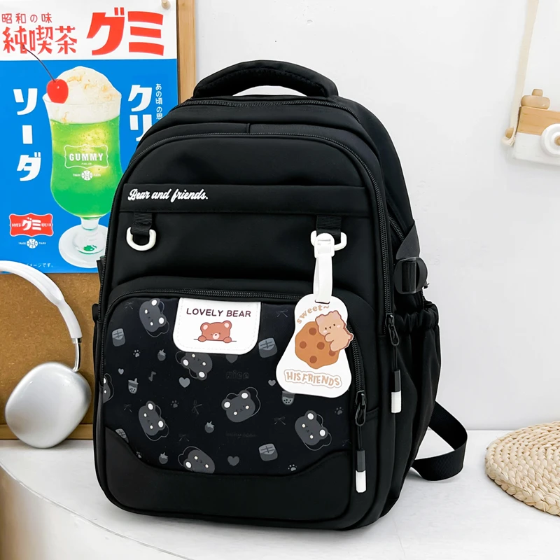 Cute Bear Print Backpack Large Capacity School Bag for Girls Teenagers Kawaii Casual Daypack with Pendant Multi-Pocket Backpack